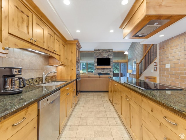 1679 Captain Molly Dr, Park City, UT 84060 - kitchen with stainless steel appliances, decorative backsplash, dark stone countertops, and recessed lighting
