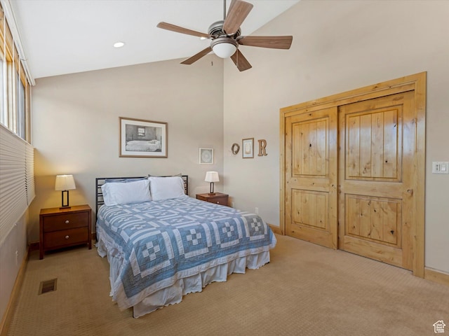 1679 Captain Molly Dr, Park City, UT 84060 - bedroom with light colored carpet, high vaulted ceiling, and ceiling fan