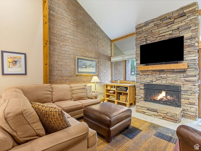 1679 Captain Molly Dr, Park City, UT 84060 - living room with vaulted ceiling, a stone fireplace, and tile patterned floors