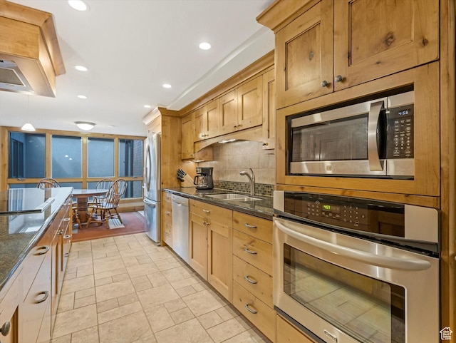 1679 Captain Molly Dr, Park City, UT 84060 - kitchen featuring stainless steel appliances, decorative backsplash, dark stone countertops, recessed lighting, and custom range hood