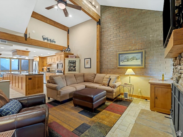 1679 Captain Molly Dr, Park City, UT 84060 - living area with beamed ceiling, ceiling fan, and a towering ceiling