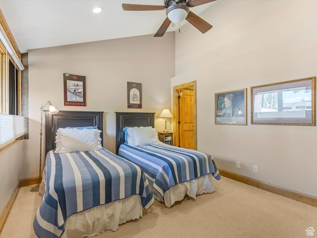 1679 Captain Molly Dr, Park City, UT 84060 - bedroom featuring carpet flooring, high vaulted ceiling, ceiling fan, and recessed lighting