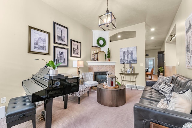 14858 S Ox Cart Ln, Draper, UT 84020 - living area with carpet floors, a chandelier, a fireplace, and recessed lighting