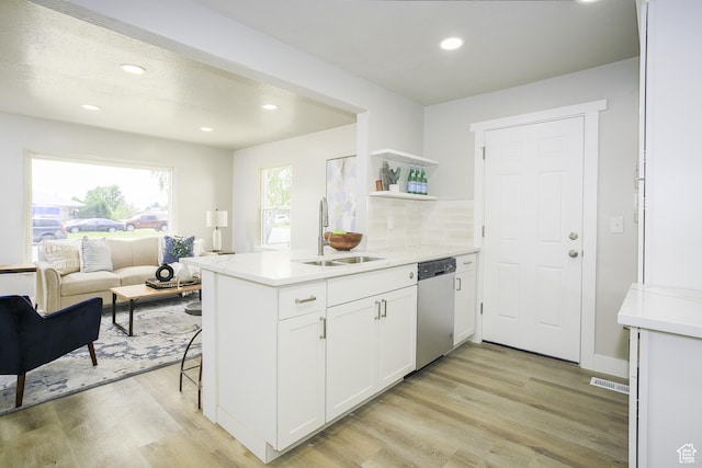 886 W 500 N, Orem, UT 84057 - kitchen with dishwasher, open shelves, a peninsula, light wood-type flooring, and white cabinetry