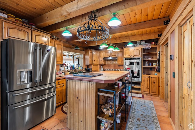 214 W Shinarump Cir, Leeds, UT 84746 - kitchen with stainless steel appliances, tile countertops, light tile patterned flooring, a center island, and a wooden ceiling with exposed beams
