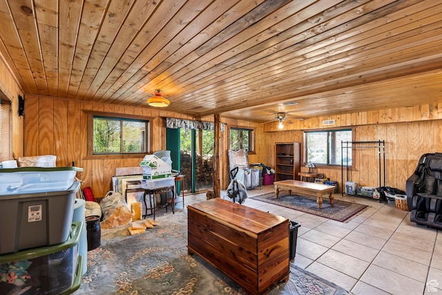 214 W Shinarump Cir, Leeds, UT 84746 - living area featuring wooden walls, wood ceiling, tile patterned flooring, and ceiling fan