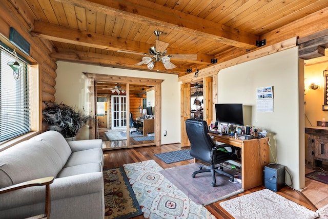 214 W Shinarump Cir, Leeds, UT 84746 - home office featuring a ceiling fan, wood finished floors, a wooden ceiling with exposed beams, and rustic walls