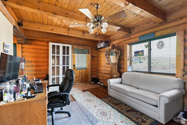 214 W Shinarump Cir, Leeds, UT 84746 - home office featuring log walls, a wooden ceiling with exposed beams, wood finished floors, and ceiling fan