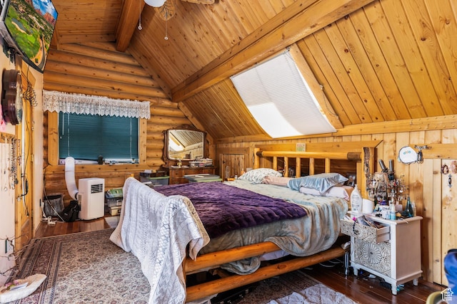 214 W Shinarump Cir, Leeds, UT 84746 - bedroom with log walls, wood-type flooring, a wood ceiling with exposed beams, and high vaulted ceiling