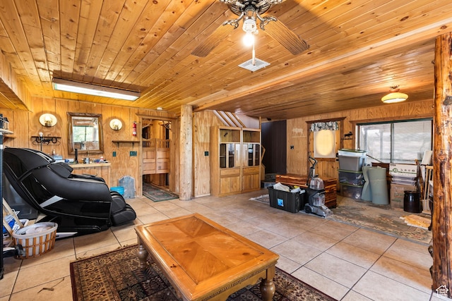 214 W Shinarump Cir, Leeds, UT 84746 - tiled living room featuring healthy amount of natural light, wood ceiling, wood walls, and ceiling fan