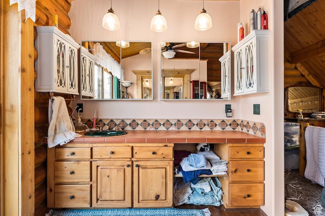 214 W Shinarump Cir, Leeds, UT 84746 - bathroom with ceiling fan, vanity, and wood ceiling