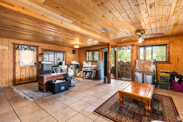 214 W Shinarump Cir, Leeds, UT 84746 - living room with wooden ceiling, wooden walls, light tile patterned floors, plenty of natural light, and a ceiling fan