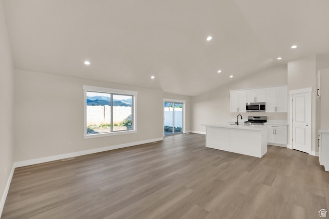 1182 N Berra Blvd, Tooele, UT 84074 - unfurnished living room with light wood-style floors, recessed lighting, and vaulted ceiling