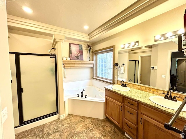 4140 W 975 S, Cedar City, UT 84720 - bathroom with a shower stall, a tub with jets, double vanity, and a tray ceiling