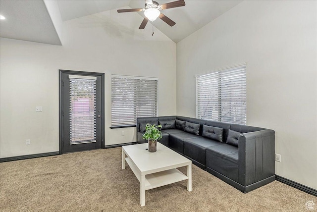3944 W Sage Blossom Way S, Jordan, UT 84009 - living room featuring carpet floors, high vaulted ceiling, ceiling fan, and plenty of natural light