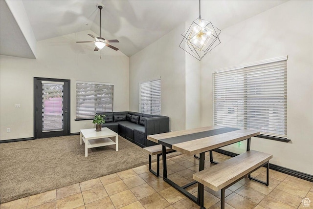 3944 W Sage Blossom Way S, Jordan, UT 84009 - living room with high vaulted ceiling, ceiling fan, and light colored carpet