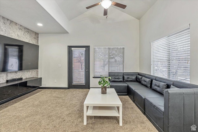 3944 W Sage Blossom Way S, Jordan, UT 84009 - living room featuring a ceiling fan, carpet flooring, and high vaulted ceiling