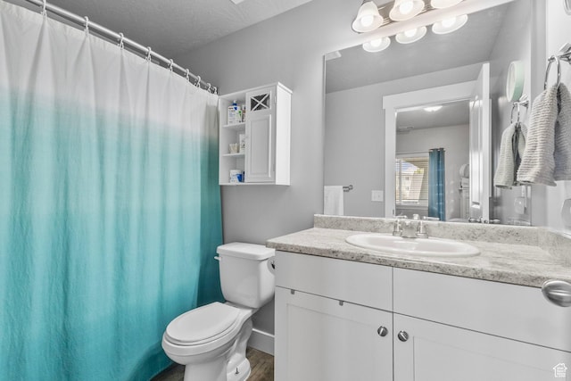 217 W Ridge Rd, Saratoga Springs, UT 84045 - bathroom featuring vanity, wood finished floors, a textured ceiling, and a shower with curtain
