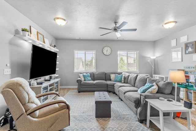 217 W Ridge Rd, Saratoga Springs, UT 84045 - living room with a ceiling fan and a textured ceiling