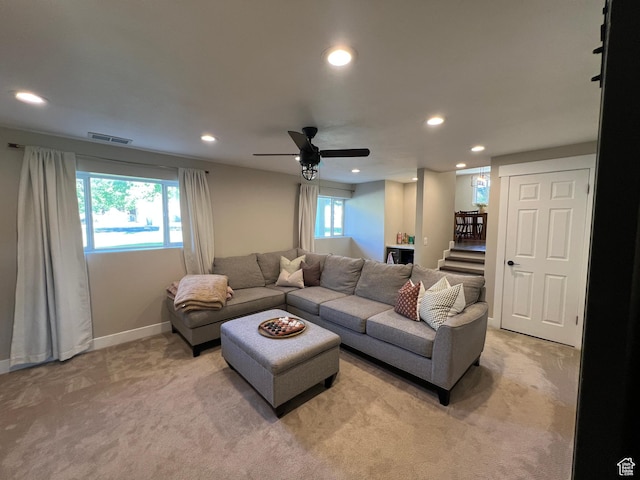 409 N 200 W, Brigham City, UT 84302 - living area with light carpet, recessed lighting, a ceiling fan, and stairway