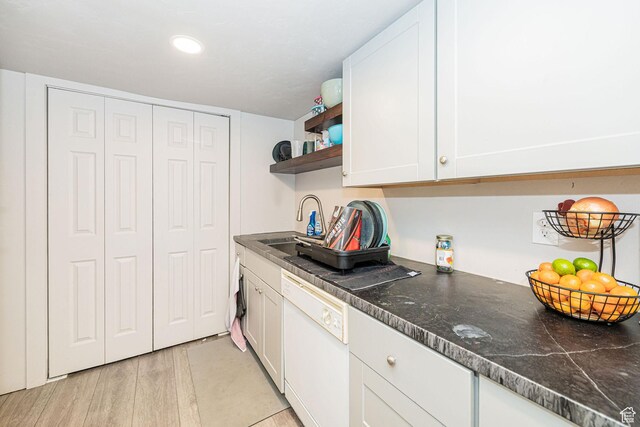 460 S 1074 E, Provo, UT 84606 - kitchen with white dishwasher, open shelves, white cabinetry, light wood-type flooring, and recessed lighting