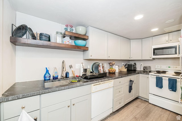 460 S 1074 E, Provo, UT 84606 - kitchen with white appliances, open shelves, light wood-type flooring, white cabinetry, and recessed lighting