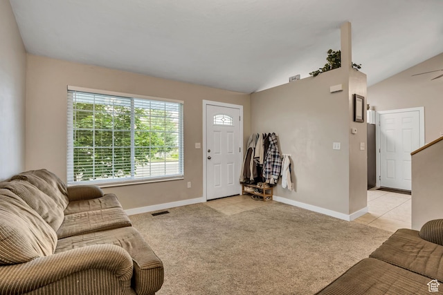 1492 N 1040 W, Orem, UT 84057 - living room featuring vaulted ceiling, light carpet, and light tile patterned flooring