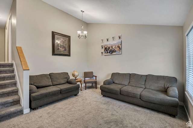 1492 N 1040 W, Orem, UT 84057 - living room with carpet flooring, vaulted ceiling, a chandelier, and stairs