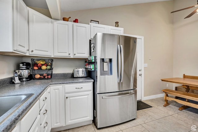 1492 N 1040 W, Orem, UT 84057 - kitchen featuring stainless steel refrigerator with ice dispenser, a ceiling fan, light tile patterned floors, white cabinetry, and lofted ceiling