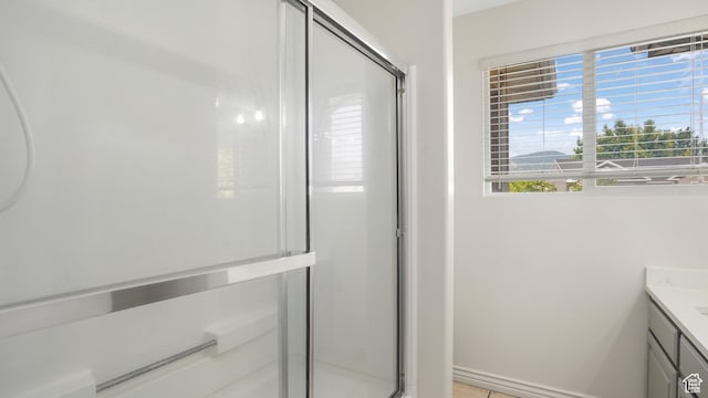 1238 S 1420 W, Woods Cross, UT 84087 - bathroom with vanity, a shower stall, and healthy amount of natural light