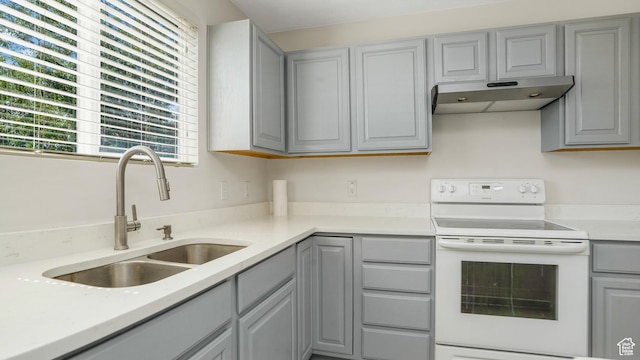 1238 S 1420 W, Woods Cross, UT 84087 - kitchen with white electric range, gray cabinets, under cabinet range hood, and light countertops