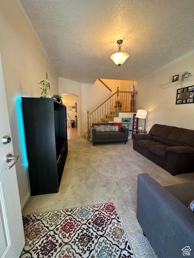 5551 W Geronimo Way S, West Jordan, UT 84081 - living room with arched walkways, stairway, crown molding, light colored carpet, and a textured ceiling