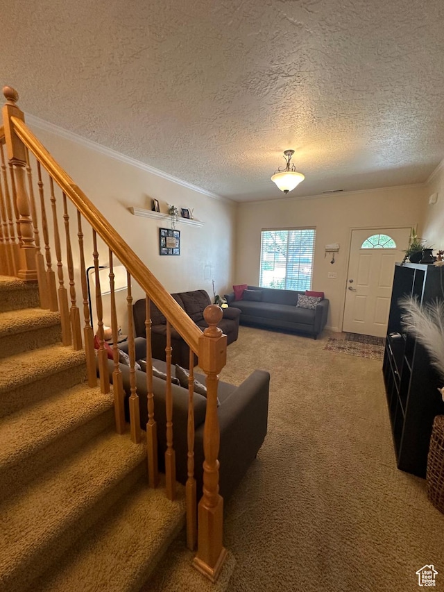 5551 W Geronimo Way S, West Jordan, UT 84081 - living room featuring carpet, a textured ceiling, crown molding, and stairs