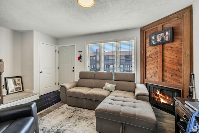 857 E 575 N, Layton, UT 84041 - living room with wood finished floors, a textured ceiling, and a lit fireplace