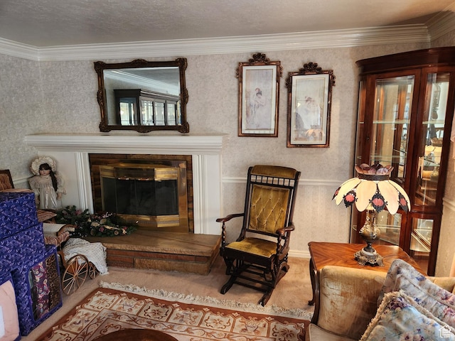 8857 S Capella Way E, Sandy, UT 84093 - sitting room featuring a glass covered fireplace, wallpapered walls, and ornamental molding