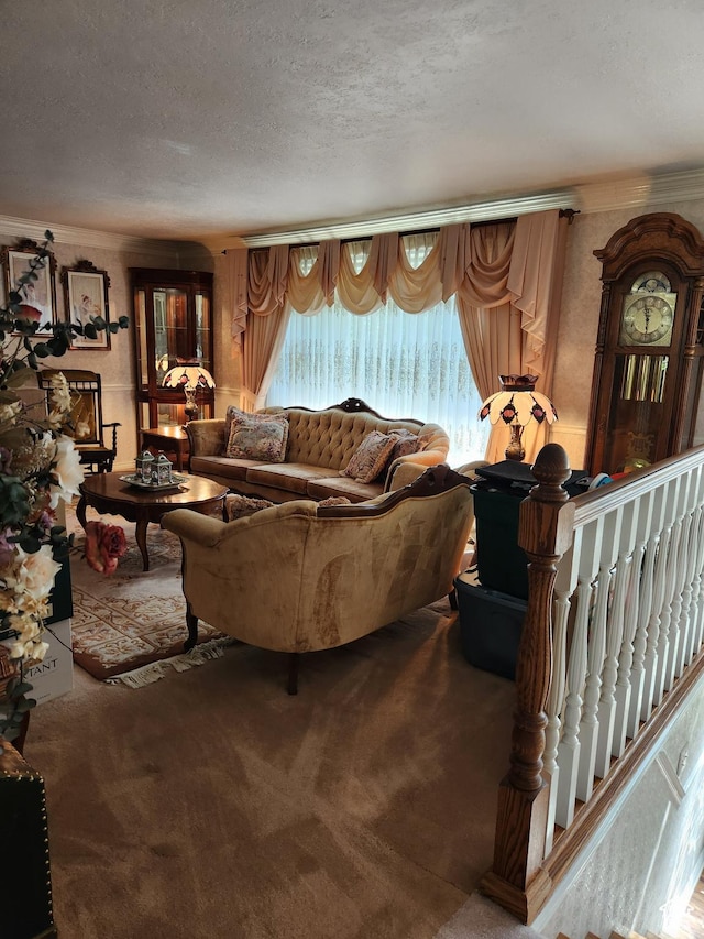 8857 S Capella Way E, Sandy, UT 84093 - carpeted living room with a textured ceiling and ornamental molding