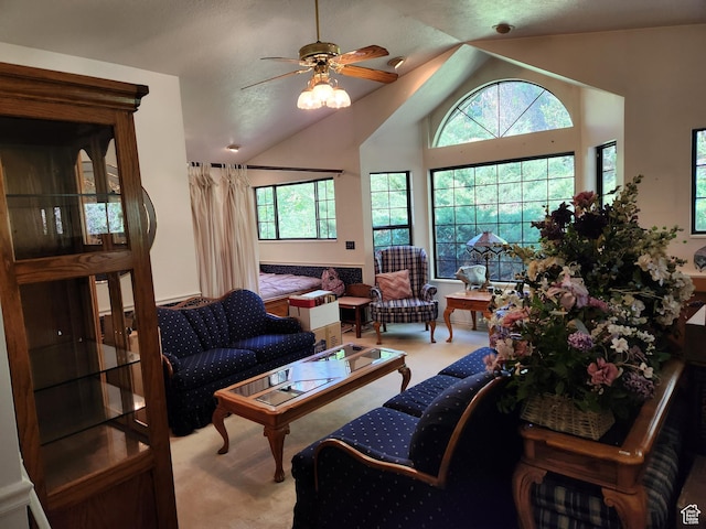 8857 S Capella Way E, Sandy, UT 84093 - living room featuring carpet flooring, vaulted ceiling, ceiling fan, and plenty of natural light