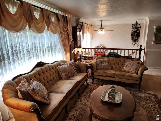 8857 S Capella Way E, Sandy, UT 84093 - carpeted living room with ornamental molding and a ceiling fan