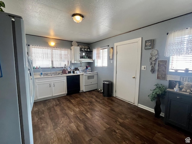 221 E 200 N, Moab, UT 84532 - kitchen featuring white appliances, dark wood finished floors, white cabinetry, open shelves, and a textured ceiling