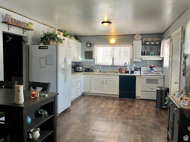 221 E 200 N, Moab, UT 84532 - kitchen with white appliances, open shelves, a textured ceiling, white cabinets, and under cabinet range hood