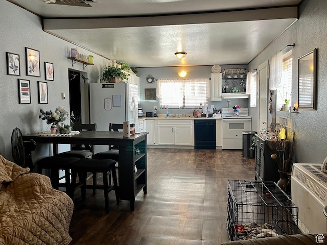 221 E 200 N, Moab, UT 84532 - kitchen with white appliances, a textured wall, white cabinets, open shelves, and dark wood-type flooring