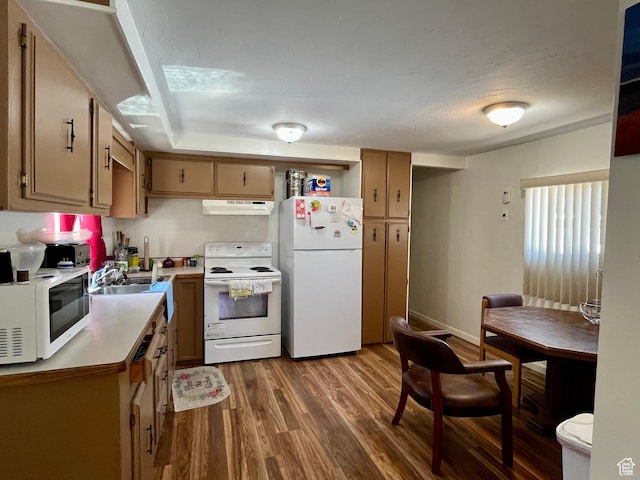 221 E 200 N, Moab, UT 84532 - kitchen with white appliances, light countertops, dark wood-style flooring, and under cabinet range hood