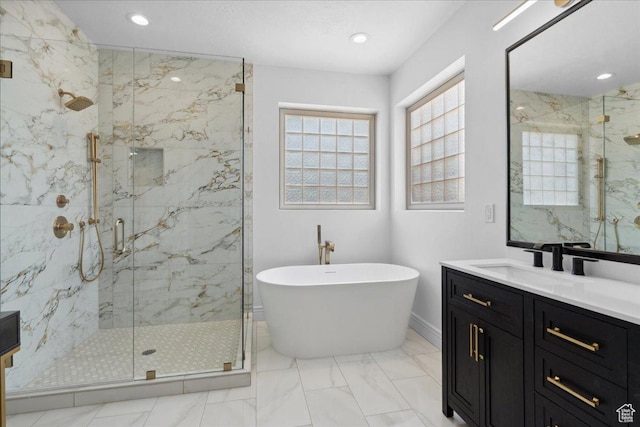 12469 S Patriot Hill Way, Herriman, UT 84096 - full bathroom featuring a marble finish shower, a soaking tub, marble finish flooring, vanity, and recessed lighting