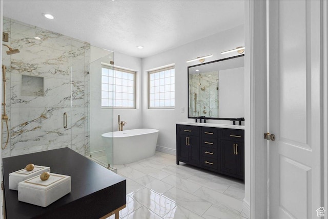 12469 S Patriot Hill Way, Herriman, UT 84096 - full bath with marble look tile flooring, a marble finish shower, a soaking tub, double vanity, and recessed lighting