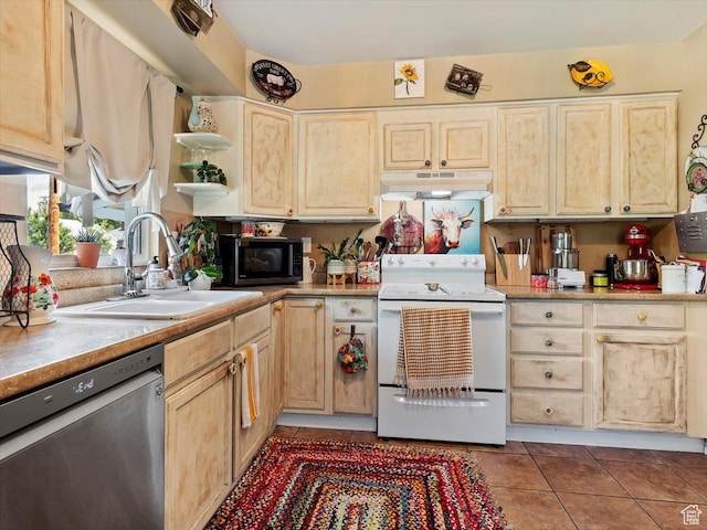 344 E Utopia Ave, South Salt Lake, UT 84115 - kitchen with dishwasher, white electric range oven, under cabinet range hood, light tile patterned floors, and black microwave