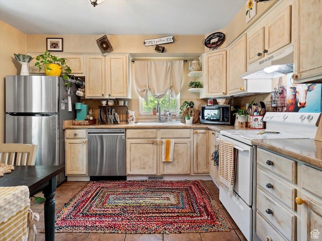344 E Utopia Ave, South Salt Lake, UT 84115 - kitchen featuring appliances with stainless steel finishes, under cabinet range hood, light brown cabinets, light countertops, and tile patterned flooring