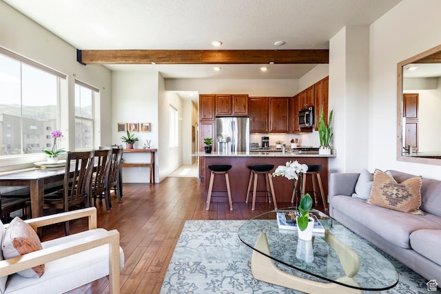 6169 Park Ln S Unit 36, Park City, UT 84098 - living room with beamed ceiling, hardwood / wood-style flooring, and recessed lighting