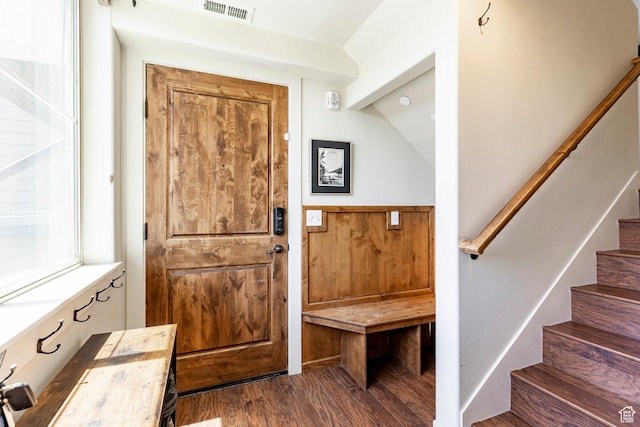 6169 Park Ln S Unit 36, Park City, UT 84098 - foyer entrance with stairway, dark wood-type flooring, and lofted ceiling
