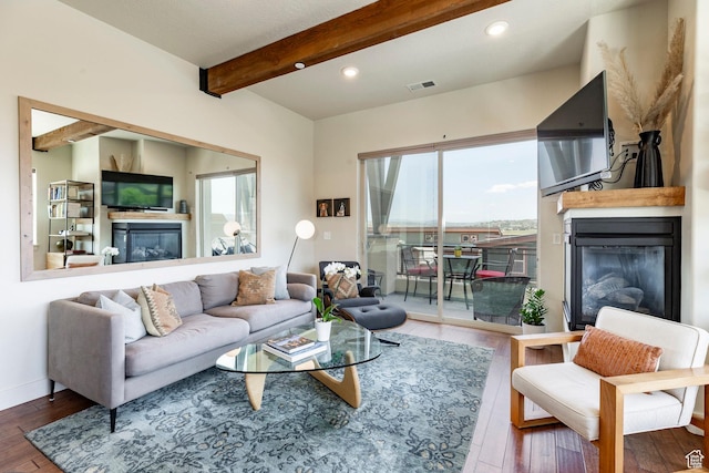 6169 Park Ln S Unit 36, Park City, UT 84098 - living room featuring a glass covered fireplace, hardwood / wood-style floors, beam ceiling, and recessed lighting
