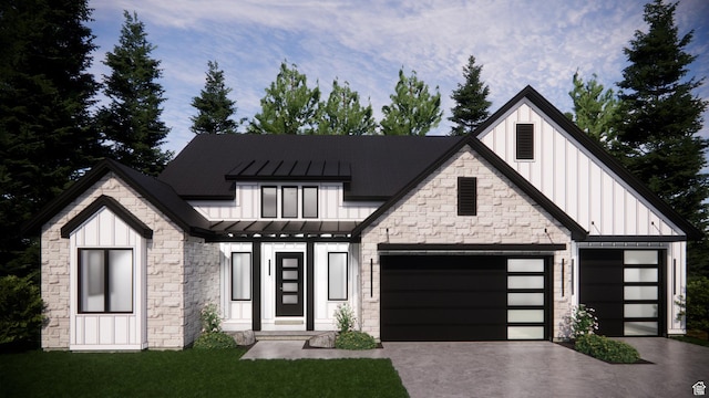 147 W Marigold Cir Unit 310, Stansbury Park, UT 84074 - modern farmhouse with board and batten siding, a standing seam roof, stone siding, driveway, and an attached garage